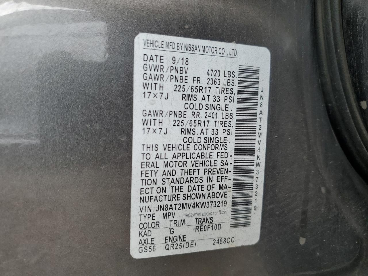 2019 Nissan Rogue S VIN: JN8AT2MV4KW373219 Lot: 82079015