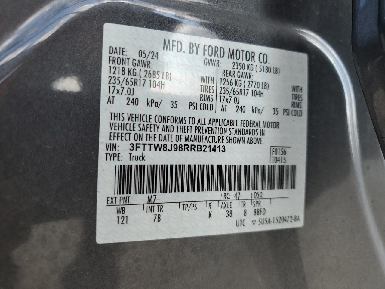 2024 Ford Maverick Xlt VIN: 3FTTW8J98RRB21413 Lot: 81016445