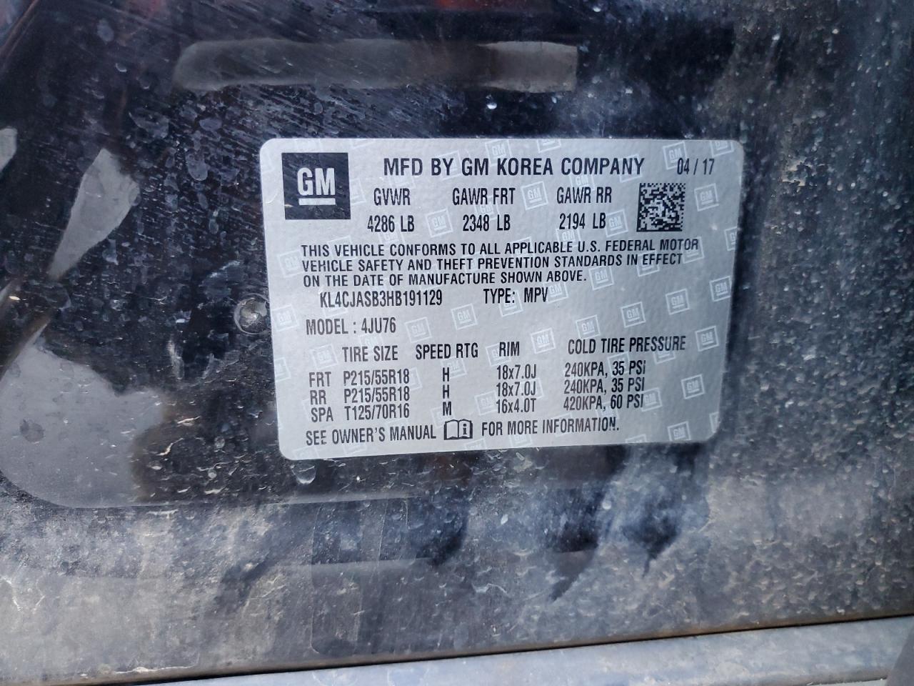 2017 Buick Encore Preferred VIN: KL4CJASB3HB191129 Lot: 80899135