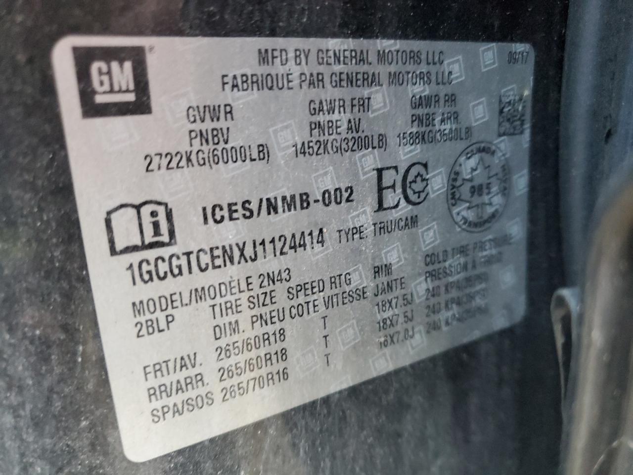 2018 Chevrolet Colorado Lt VIN: 1GCGTCENXJ1124414 Lot: 69991525