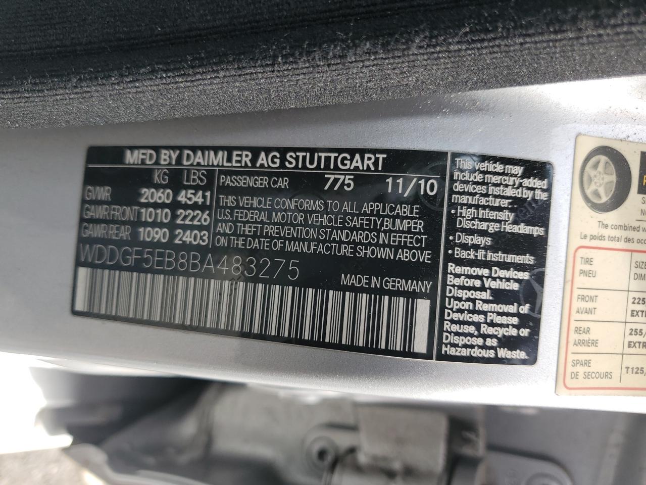 2011 Mercedes-Benz C 300 VIN: WDDGF5EB8BA483275 Lot: 83986595