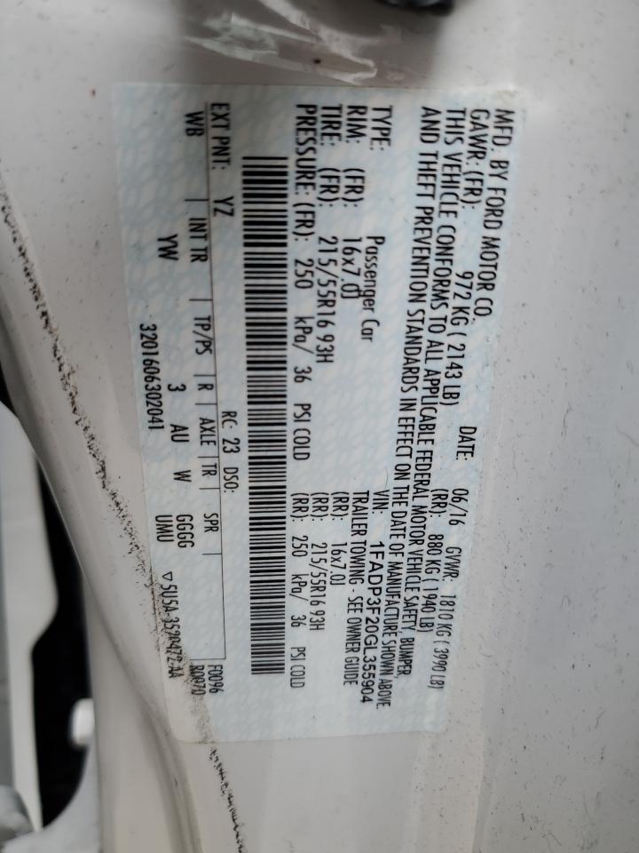 2016 Ford Focus Se VIN: 1FADP3F20GL355904 Lot: 83964665