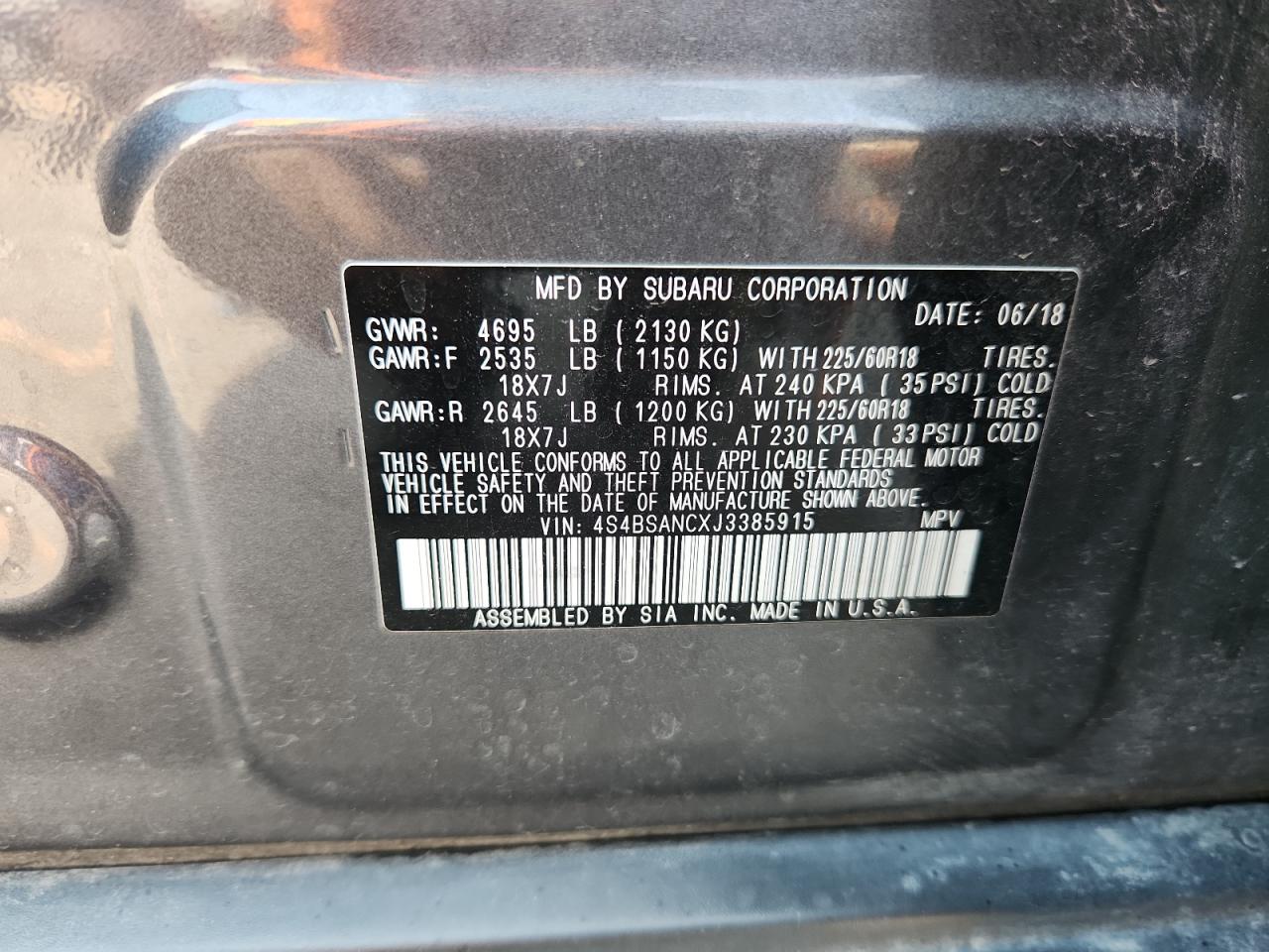 2018 Subaru Outback 2.5I Limited VIN: 4S4BSANCXJ3385915 Lot: 71495025