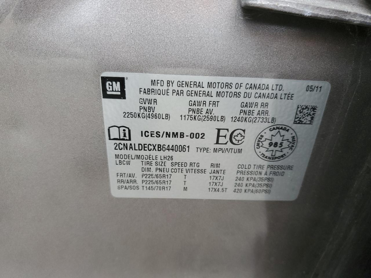 2011 Chevrolet Equinox Lt VIN: 2CNALDECXB6440061 Lot: 81409325