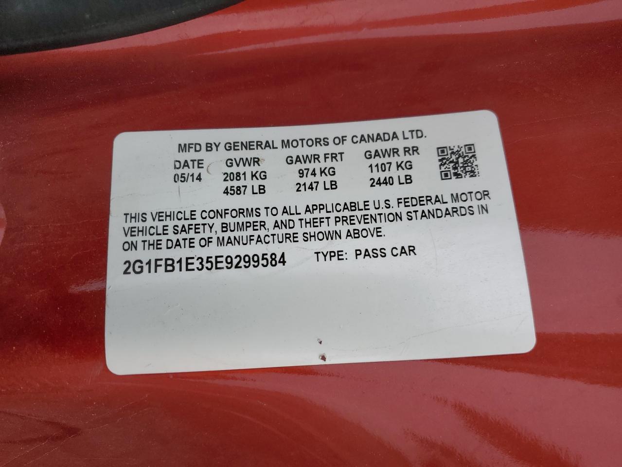 2014 Chevrolet Camaro Lt VIN: 2G1FB1E35E9299584 Lot: 80773985