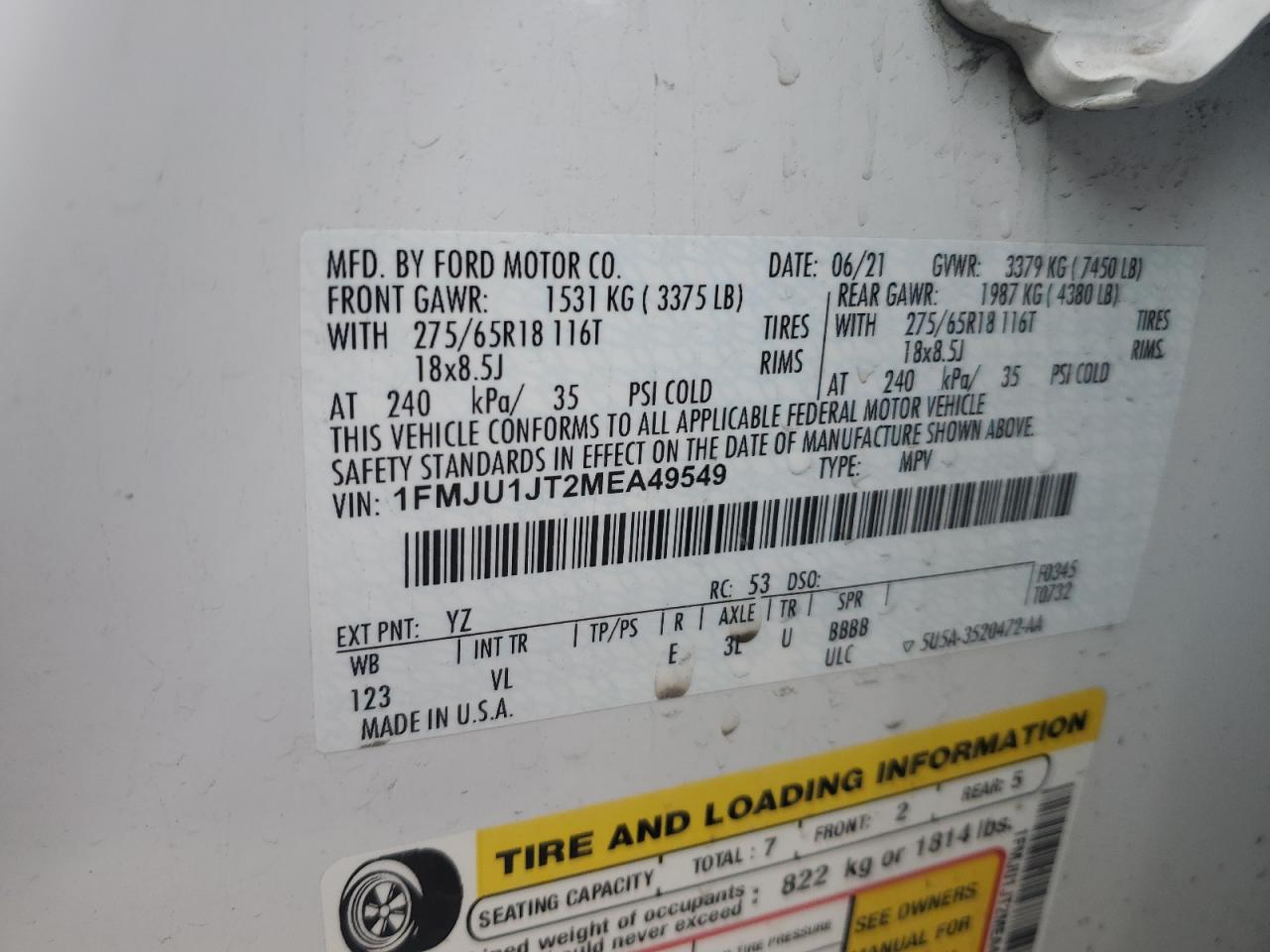 2021 Ford Expedition Xlt VIN: 1FMJU1JT2MEA49549 Lot: 80560925