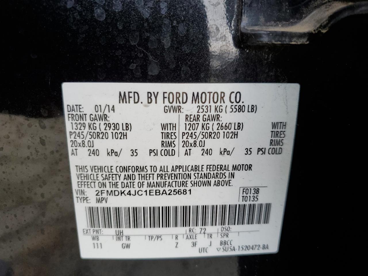 2014 Ford Edge Sel VIN: 2FMDK4JC1EBA25681 Lot: 72018285