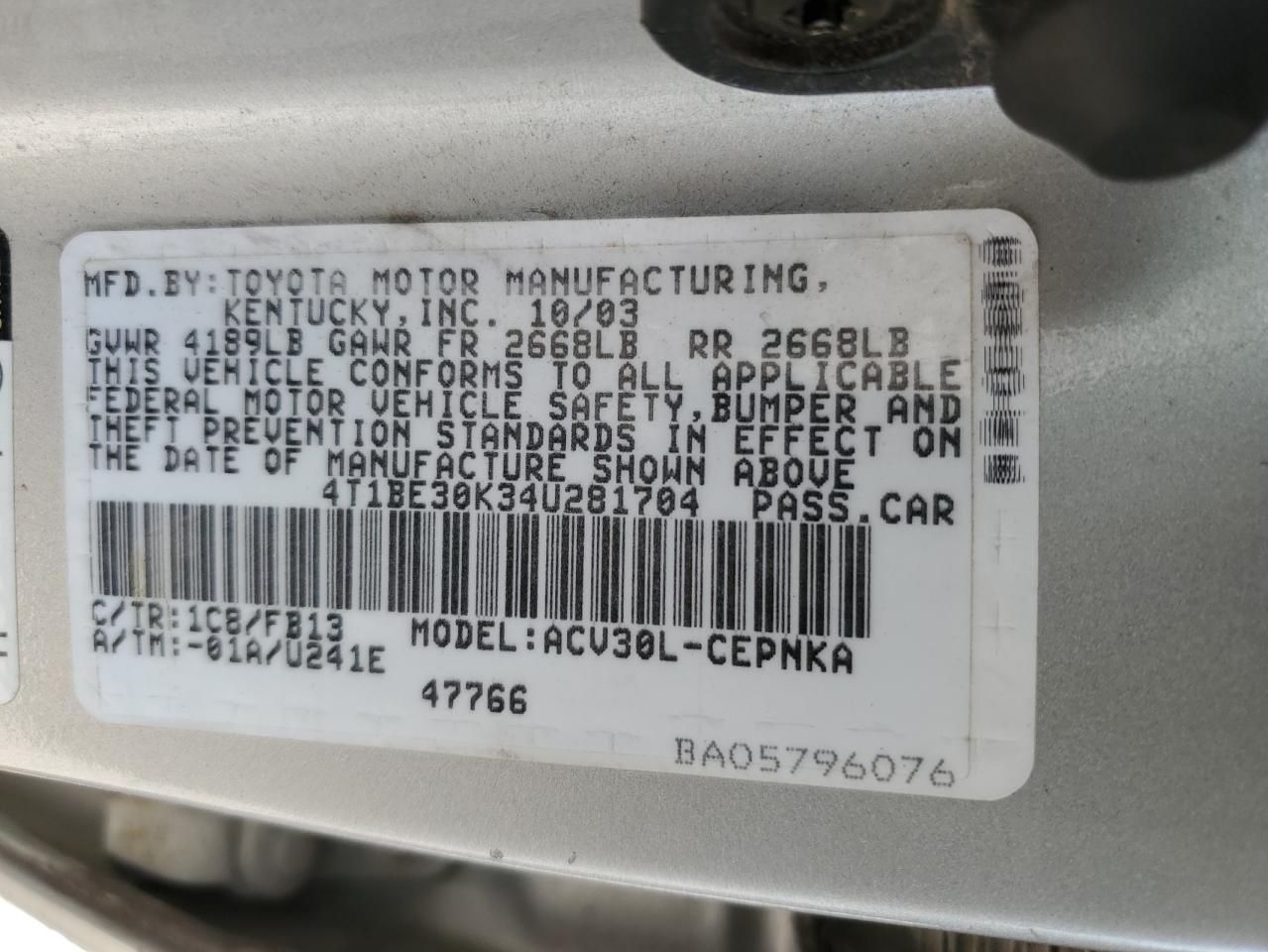 2004 Toyota Camry Le VIN: 4T1BE30K34U281704 Lot: 80480865