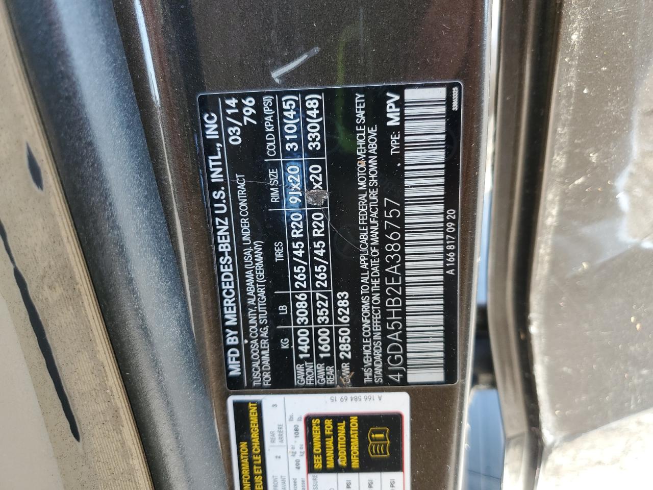 2014 Mercedes-Benz Ml 350 4Matic VIN: 4JGDA5HB2EA386757 Lot: 80620215