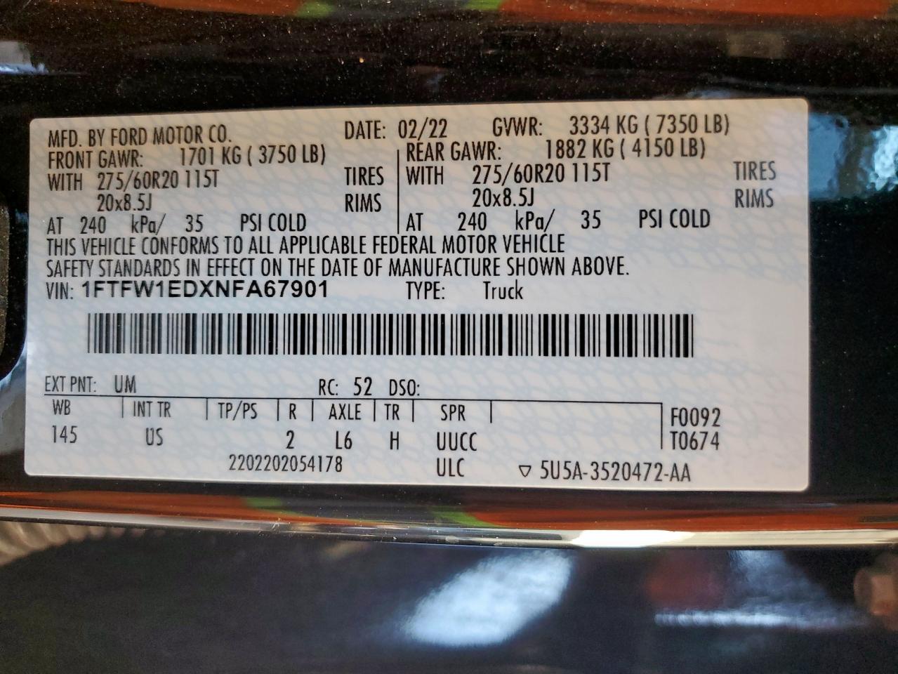 2022 Ford F150 Supercrew VIN: 1FTFW1EDXNFA67901 Lot: 81687405