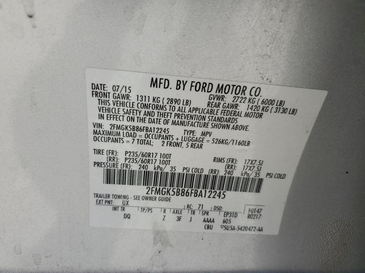 2015 Ford Flex Se VIN: 2FMGK5B86FBA12245 Lot: 71284775