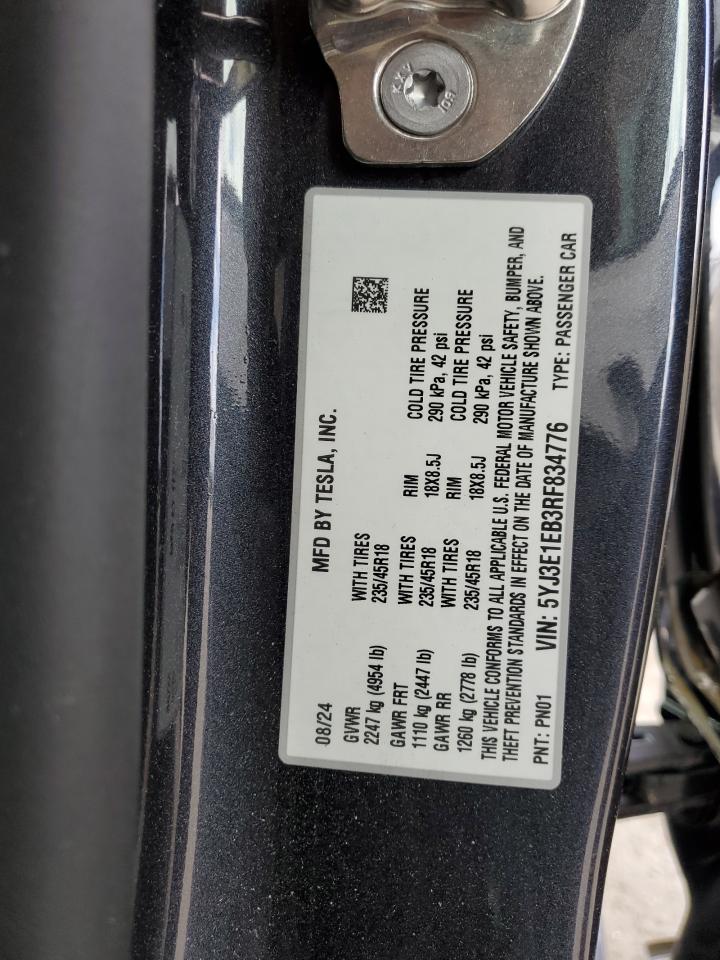 2024 Tesla Model 3 VIN: 5YJ3E1EB3RF834776 Lot: 80202005