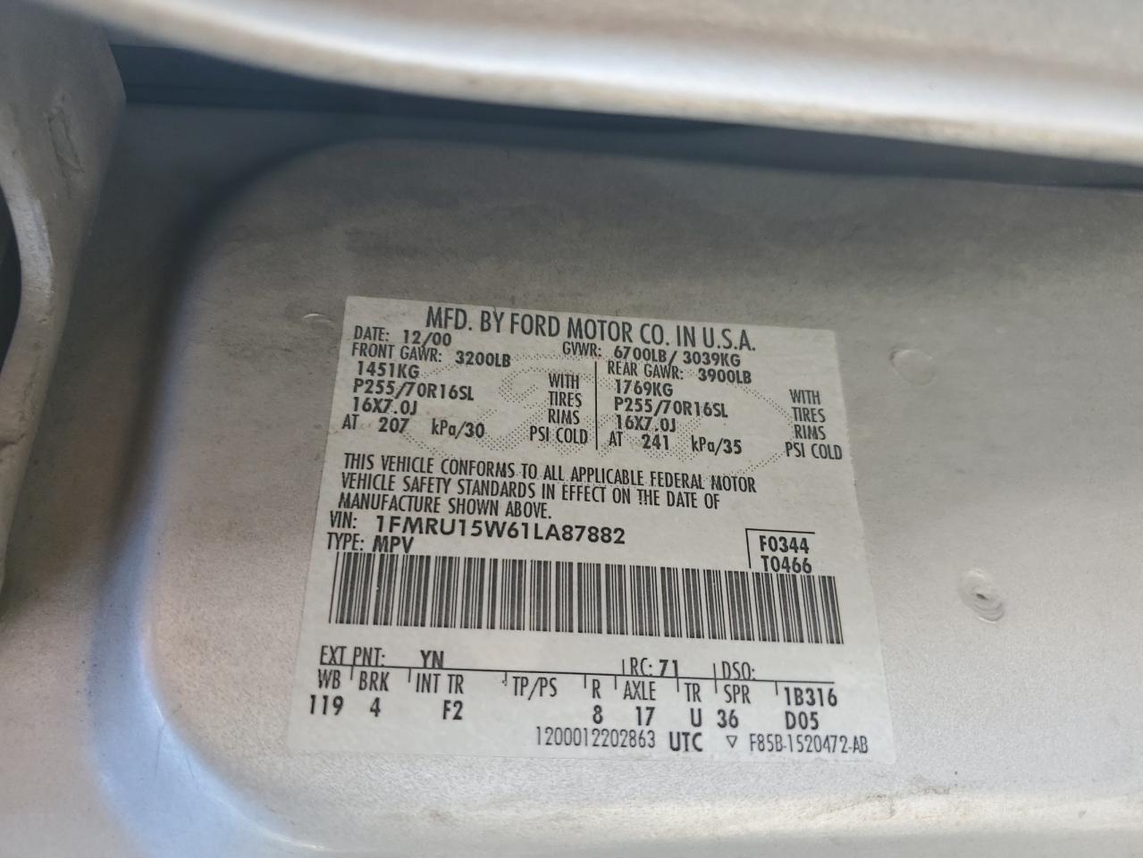 2001 Ford Expedition Xlt VIN: 1FMRU15W61LA87882 Lot: 81717505