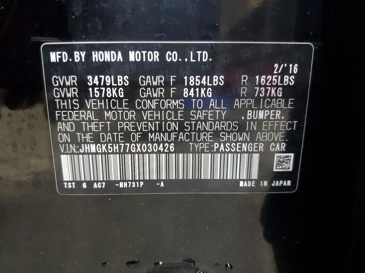 2016 Honda Fit Ex VIN: JHMGK5H77GX030426 Lot: 80265625