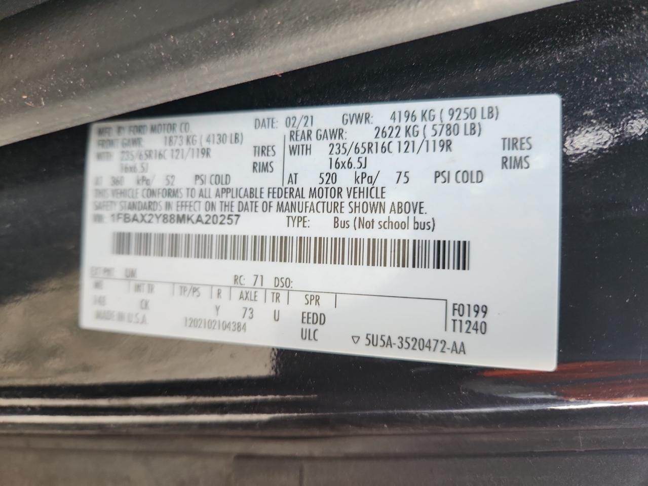 2021 Ford Transit T-350 VIN: 1FBAX2Y88MKA20257 Lot: 81606785