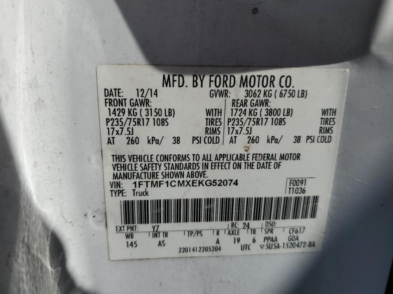 2014 Ford F150 VIN: 1FTMF1CMXEKG52074 Lot: 80505155