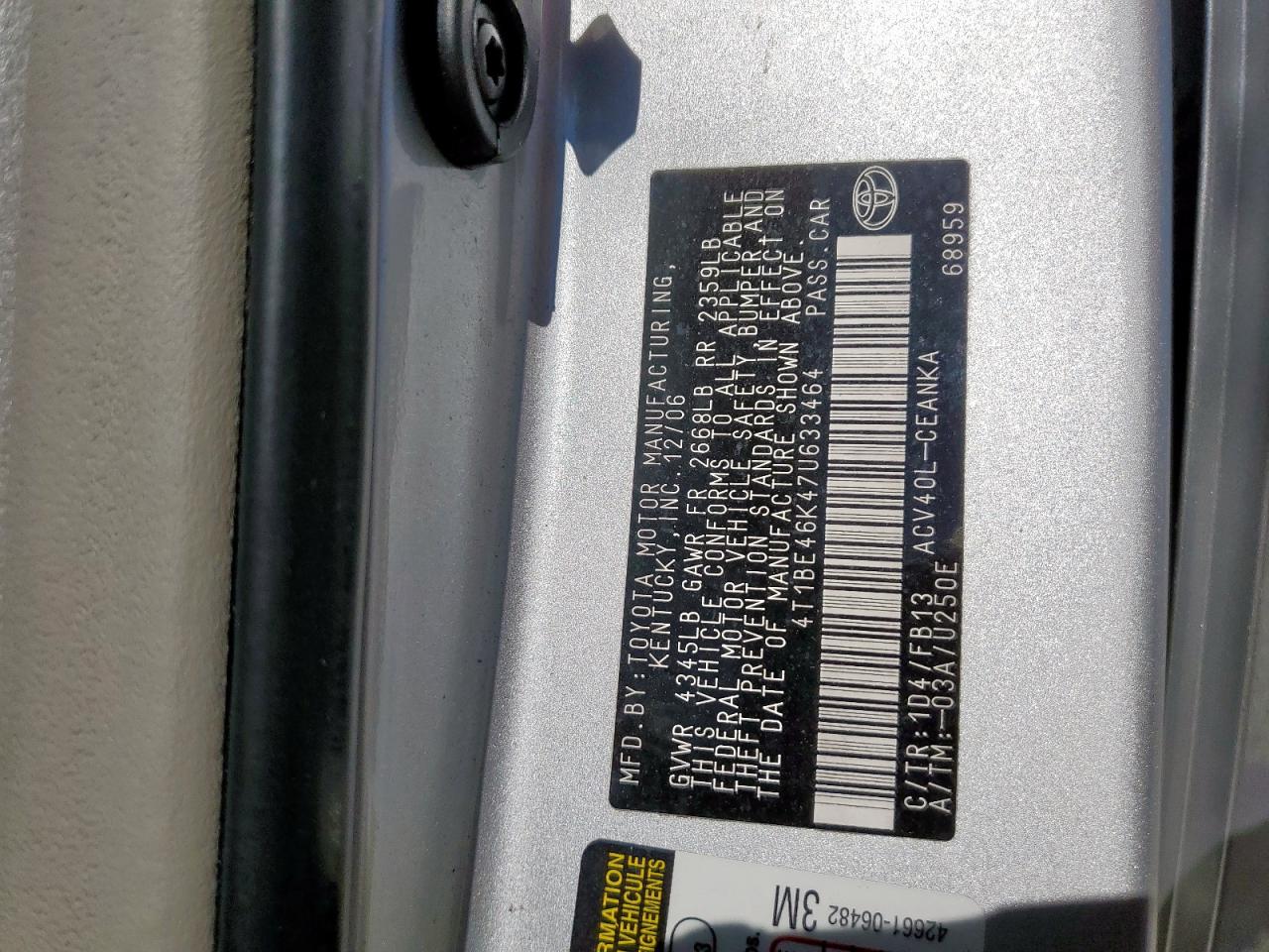 2007 Toyota Camry Ce VIN: 4T1BE46K47U633464 Lot: 70307875