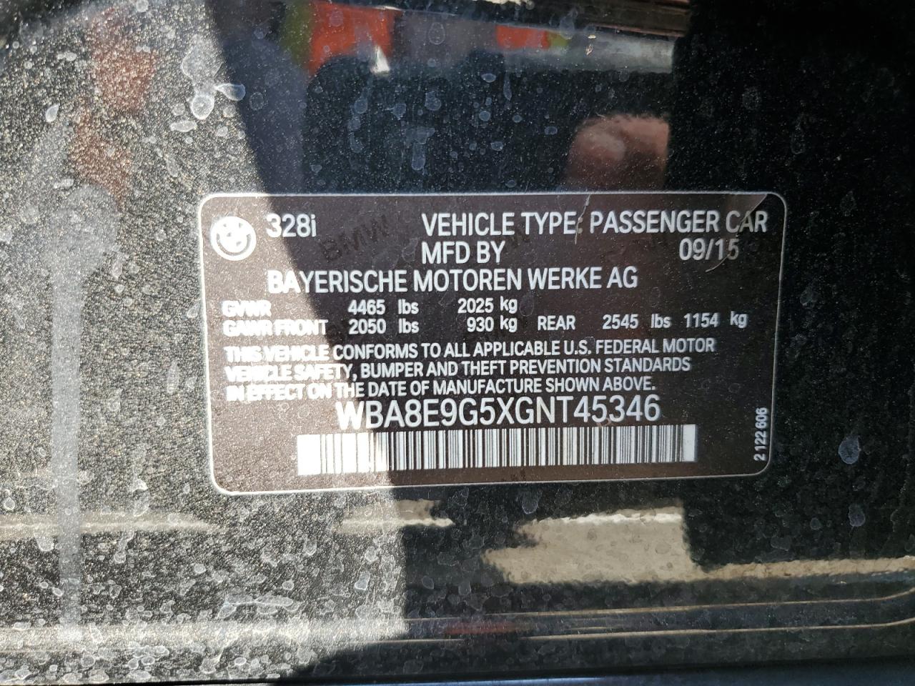 2016 BMW 328 I Sulev VIN: WBA8E9G5XGNT45346 Lot: 84268925