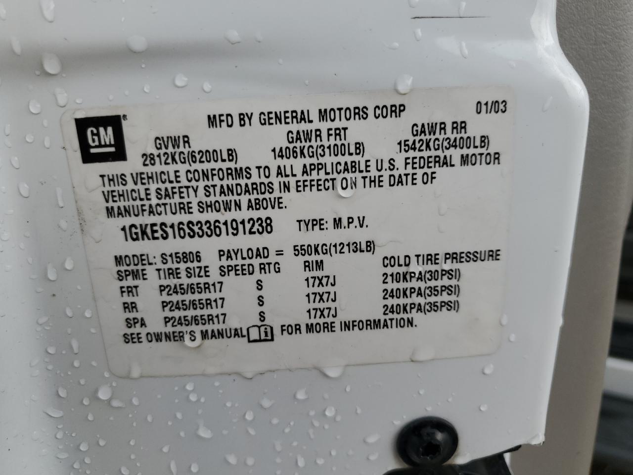 2003 GMC Envoy Xl VIN: 1GKES16S336191238 Lot: 71115995