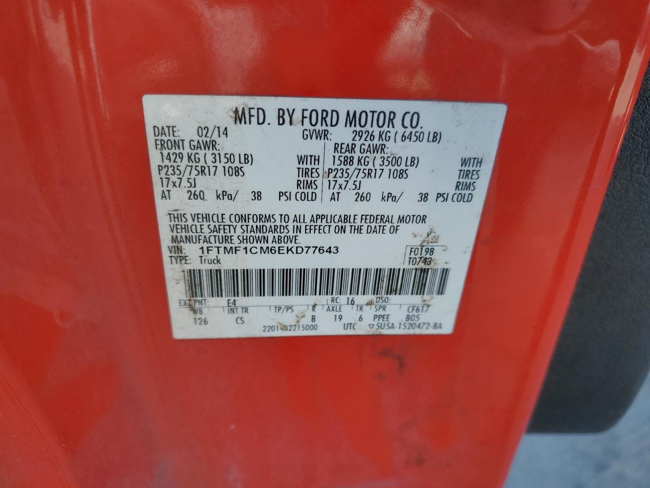 2014 Ford F150 VIN: 1FTMF1CM6EKD77643 Lot: 81022195