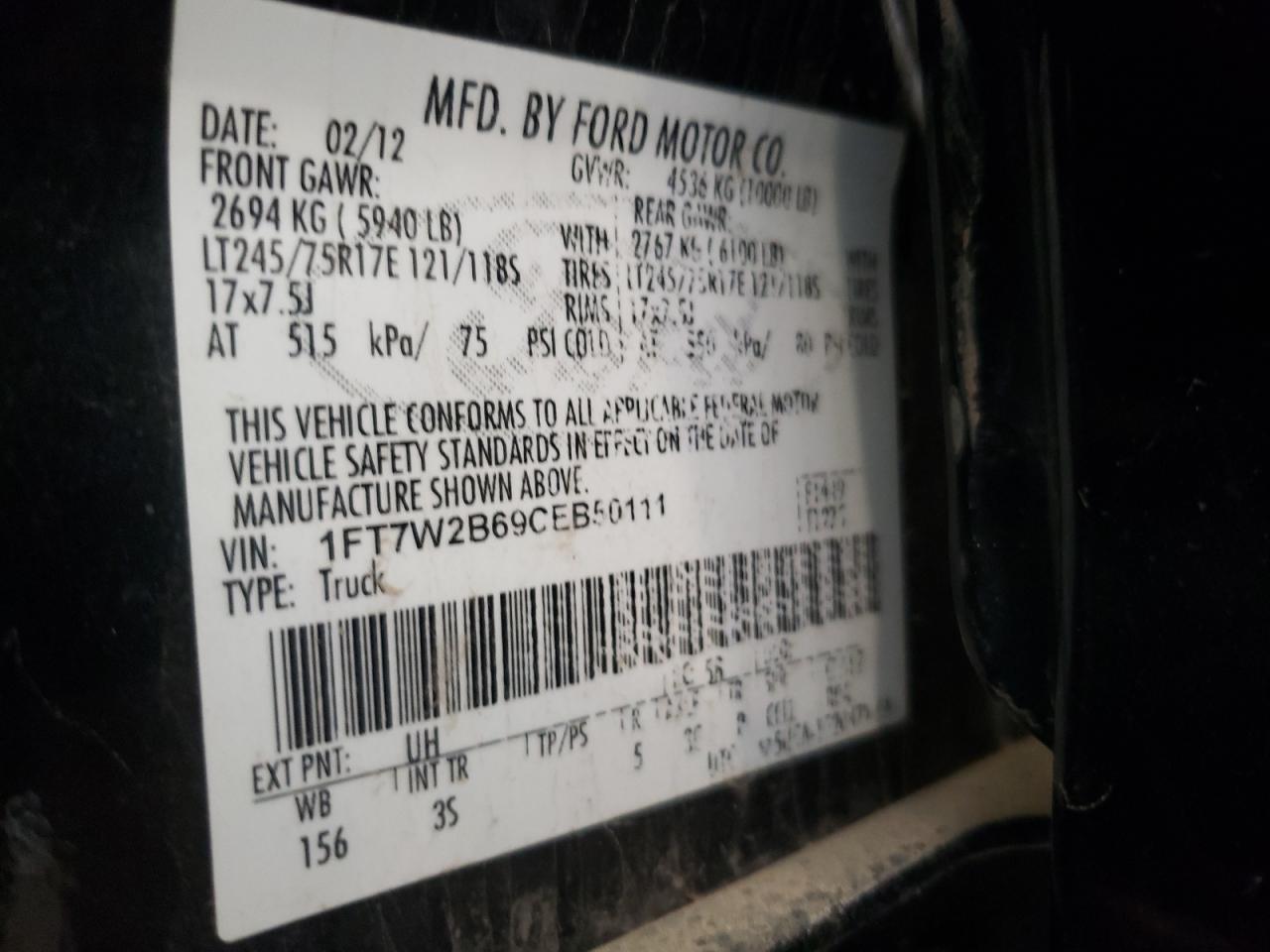 2012 Ford F250 Super Duty VIN: 1FT7W2B69CEB50111 Lot: 71817315