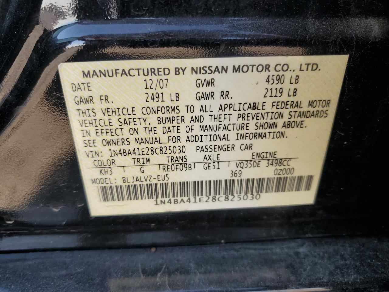 2008 Nissan Maxima Se VIN: 1N4BA41E28C825030 Lot: 80151105