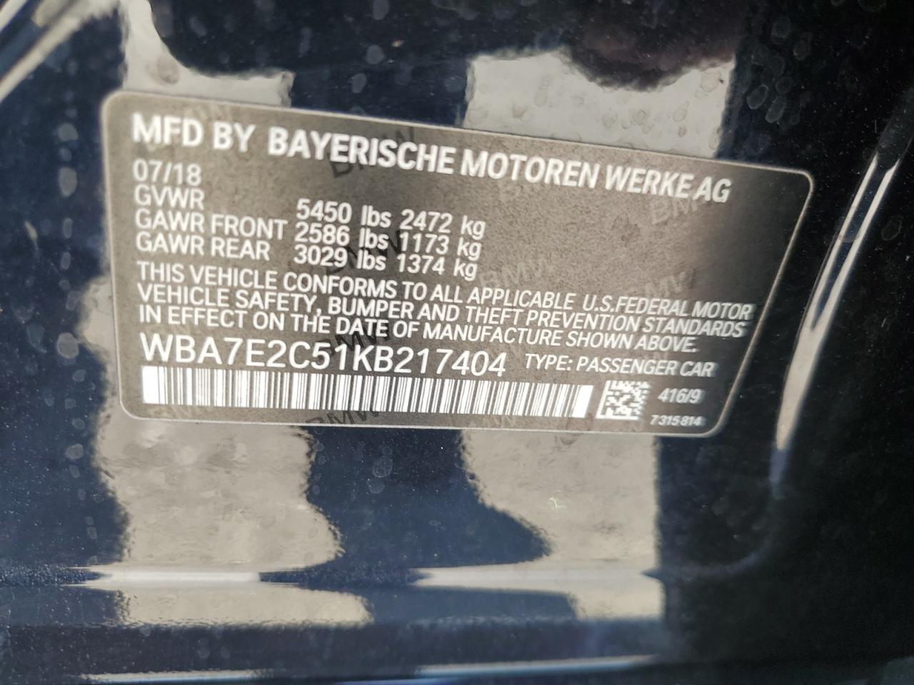 2019 BMW 740 I VIN: WBA7E2C51KB217404 Lot: 80702715