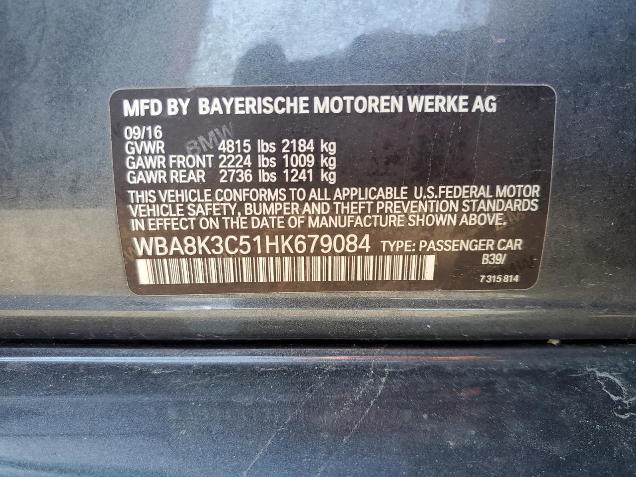 2017 BMW 330 Xi VIN: WBA8K3C51HK679084 Lot: 80678015