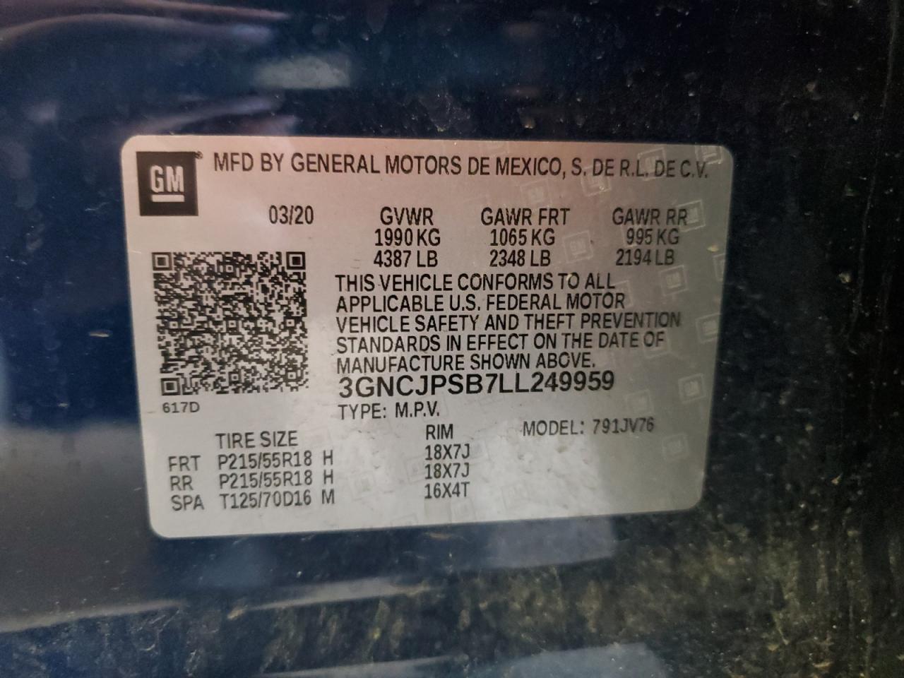 2020 Chevrolet Trax 1Lt VIN: 3GNCJPSB7LL249959 Lot: 84249785