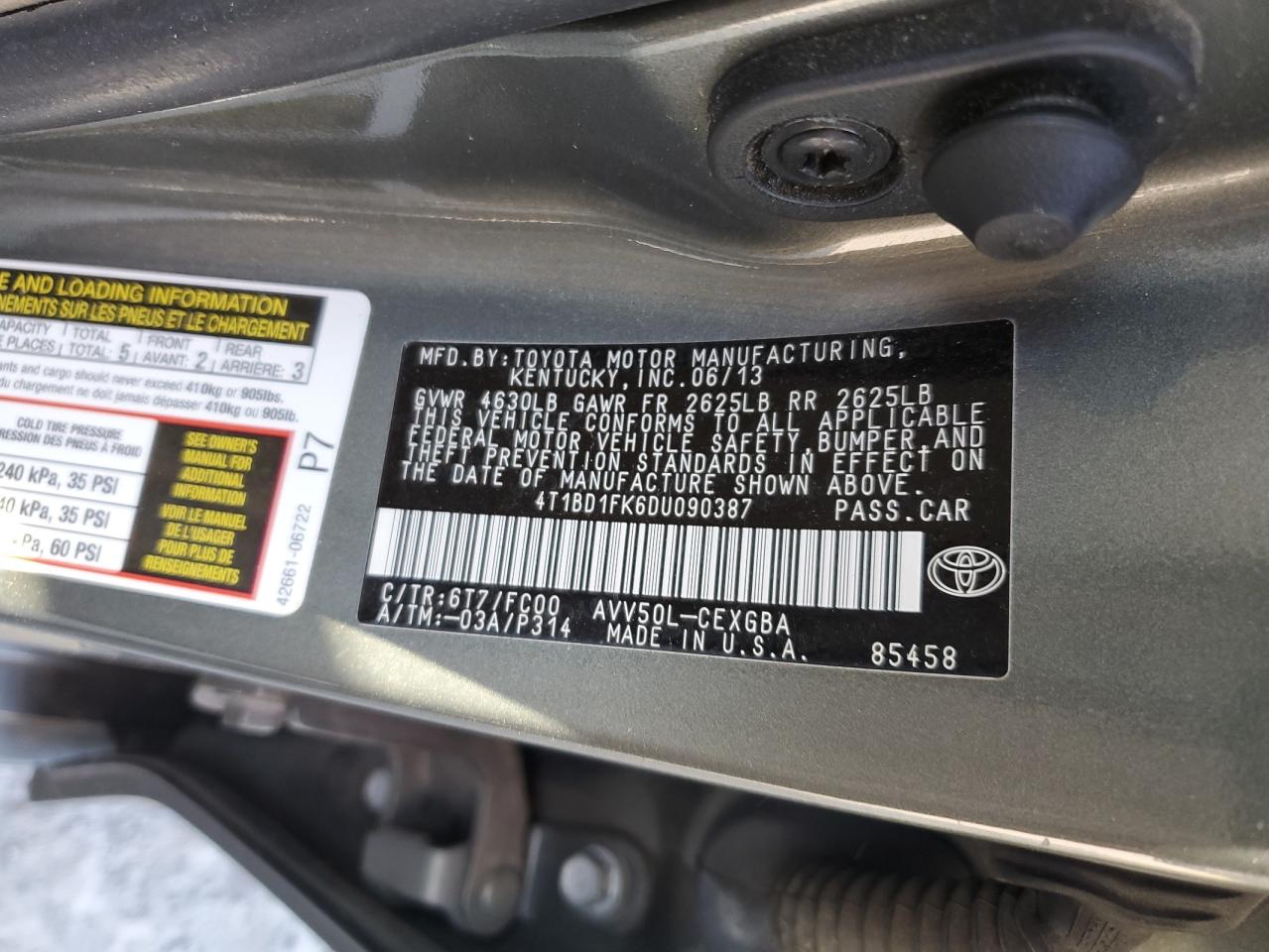 2013 Toyota Camry Hybrid VIN: 4T1BD1FK6DU090387 Lot: 80391335