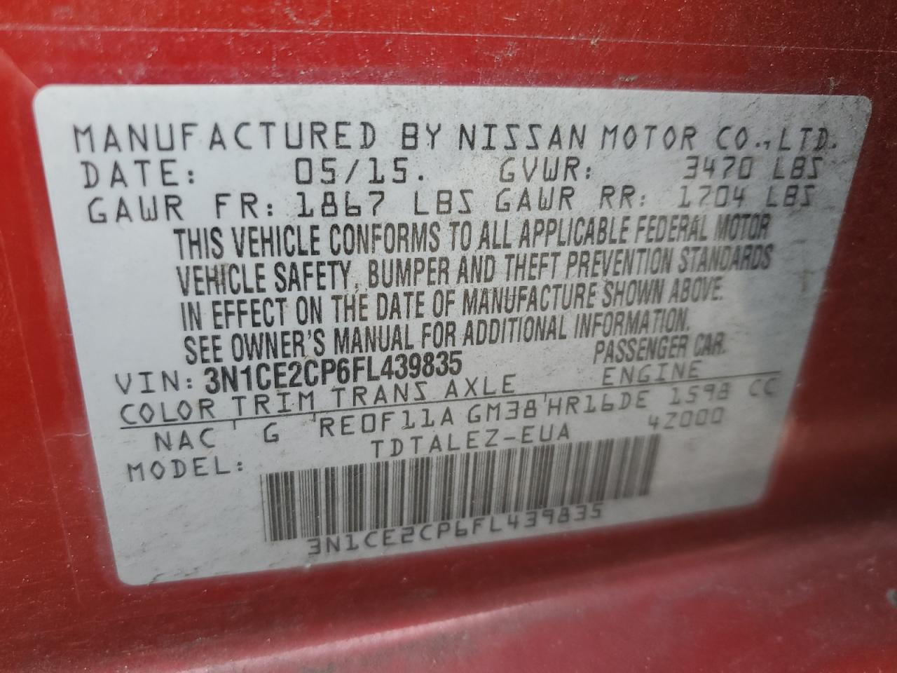 2015 Nissan Versa Note S VIN: 3N1CE2CP6FL439835 Lot: 81002135