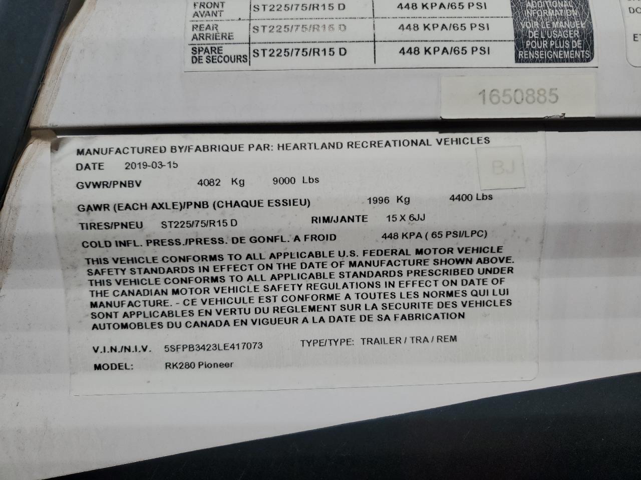2020 Heartland Trailer VIN: 5SFPB3423LE417073 Lot: 84214555