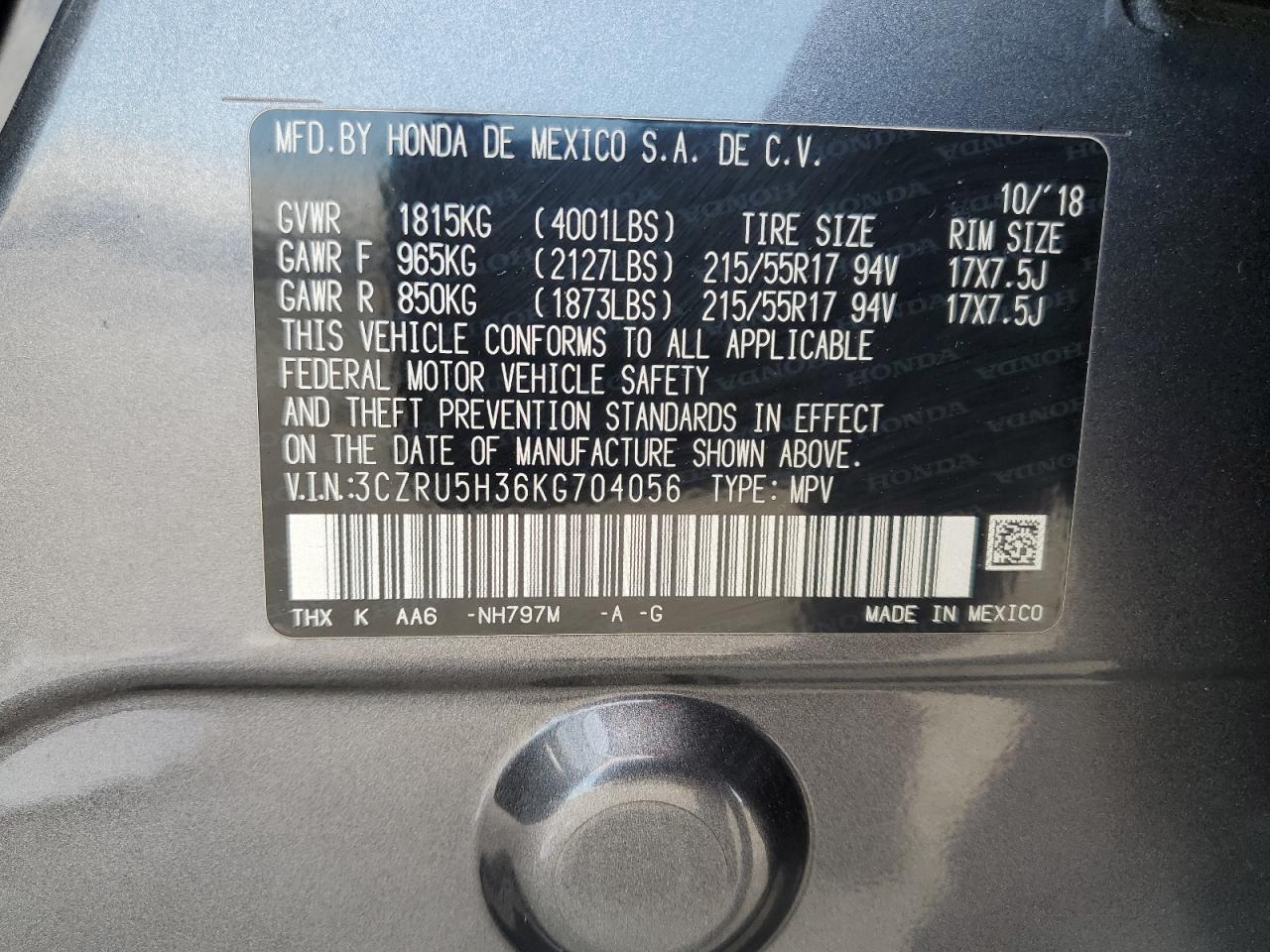 2019 Honda Hr-V Lx VIN: 3CZRU5H36KG704056 Lot: 81495035