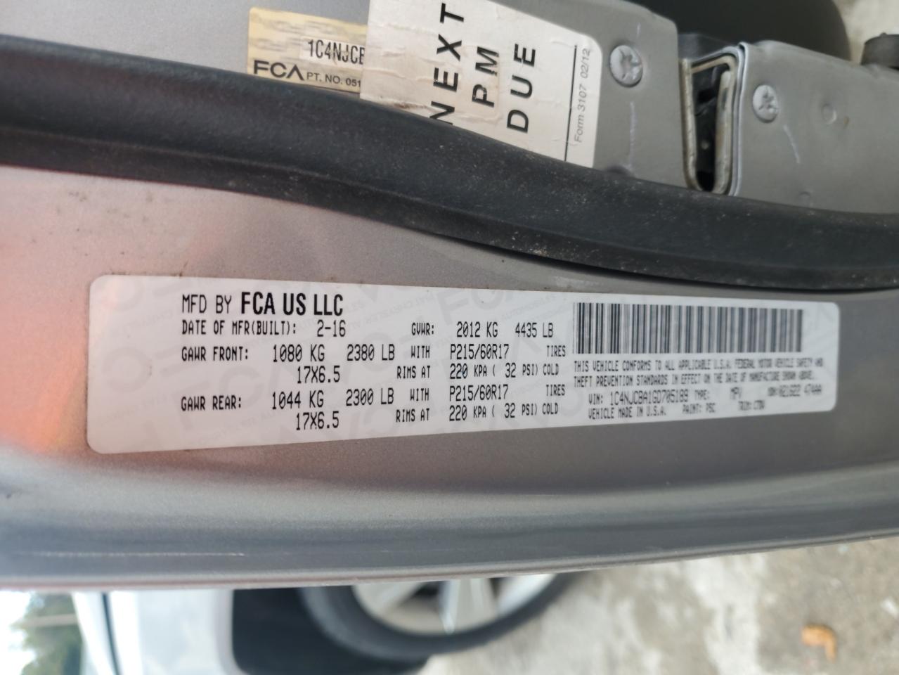 2016 Jeep Compass Sport VIN: 1C4NJCBA1GD705189 Lot: 71078505