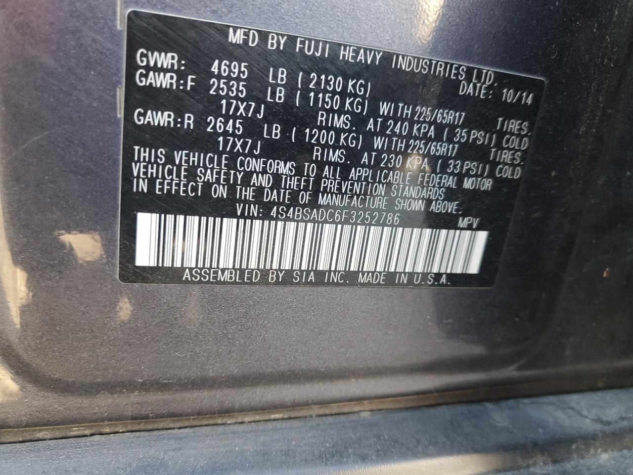 2015 Subaru Outback 2.5I Premium VIN: 4S4BSADC6F3252786 Lot: 80644005