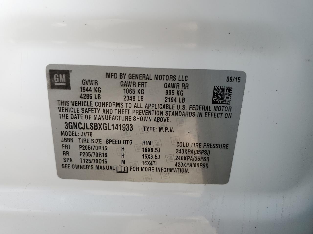 2016 Chevrolet Trax 1Lt VIN: 3GNCJLSBXGL141933 Lot: 83952365