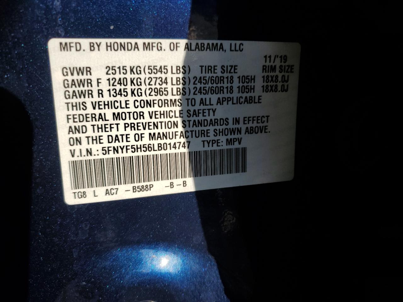 2020 Honda Pilot Exl VIN: 5FNYF5H56LB014747 Lot: 80185065