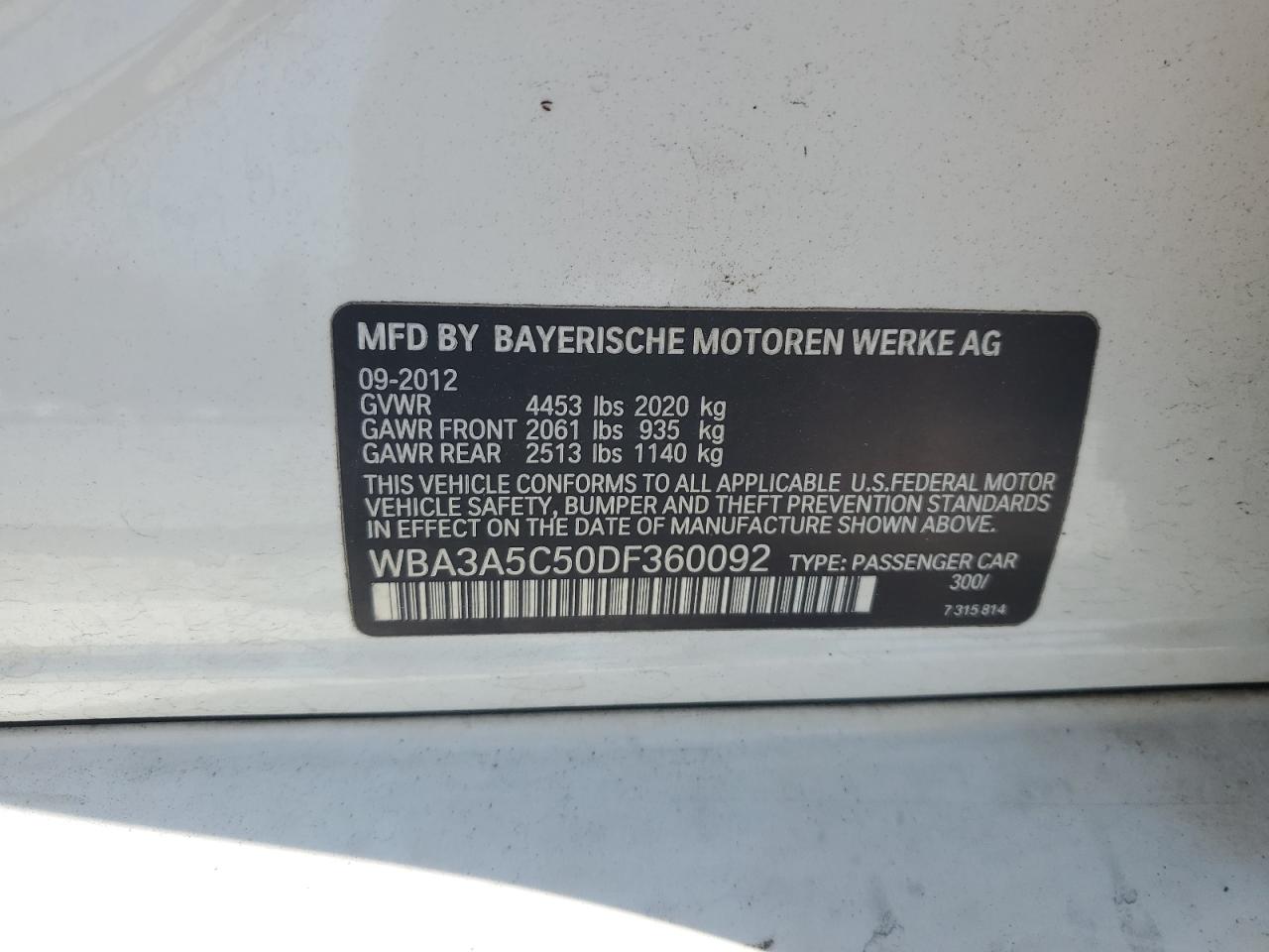 2013 BMW 328 I VIN: WBA3A5C50DF360092 Lot: 81748945