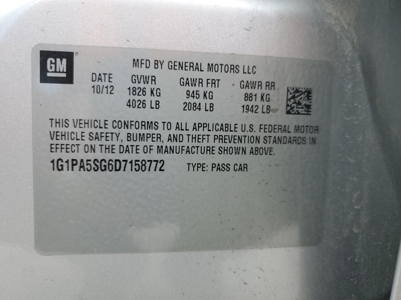 2013 Chevrolet Cruze Ls VIN: 1G1PA5SG6D7158772 Lot: 81011325