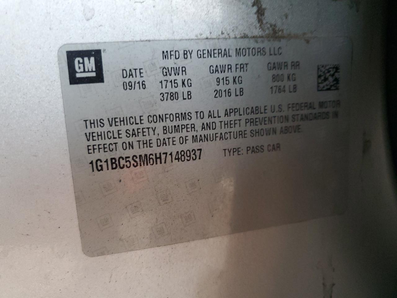 2017 Chevrolet Cruze Ls VIN: 1G1BC5SM6H7148937 Lot: 81876745