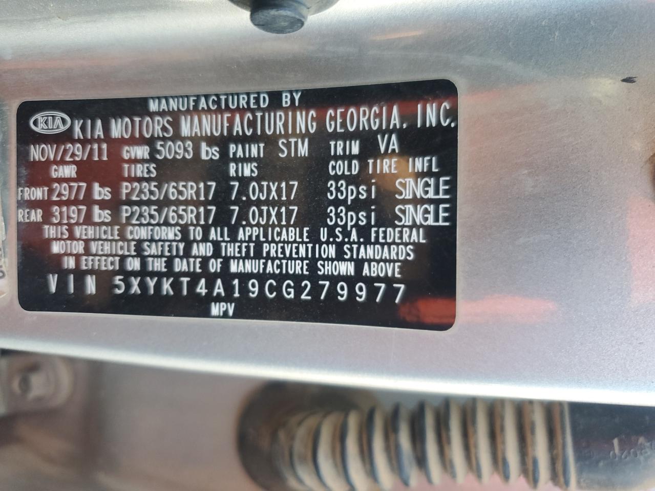 2012 Kia Sorento Base VIN: 5XYKT4A19CG279977 Lot: 83863465