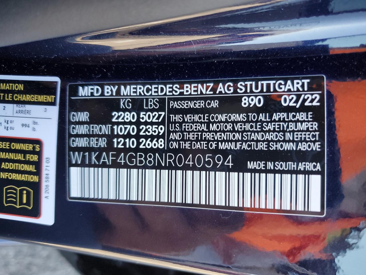 2022 Mercedes-Benz C 300 VIN: W1KAF4GB8NR040594 Lot: 71500985