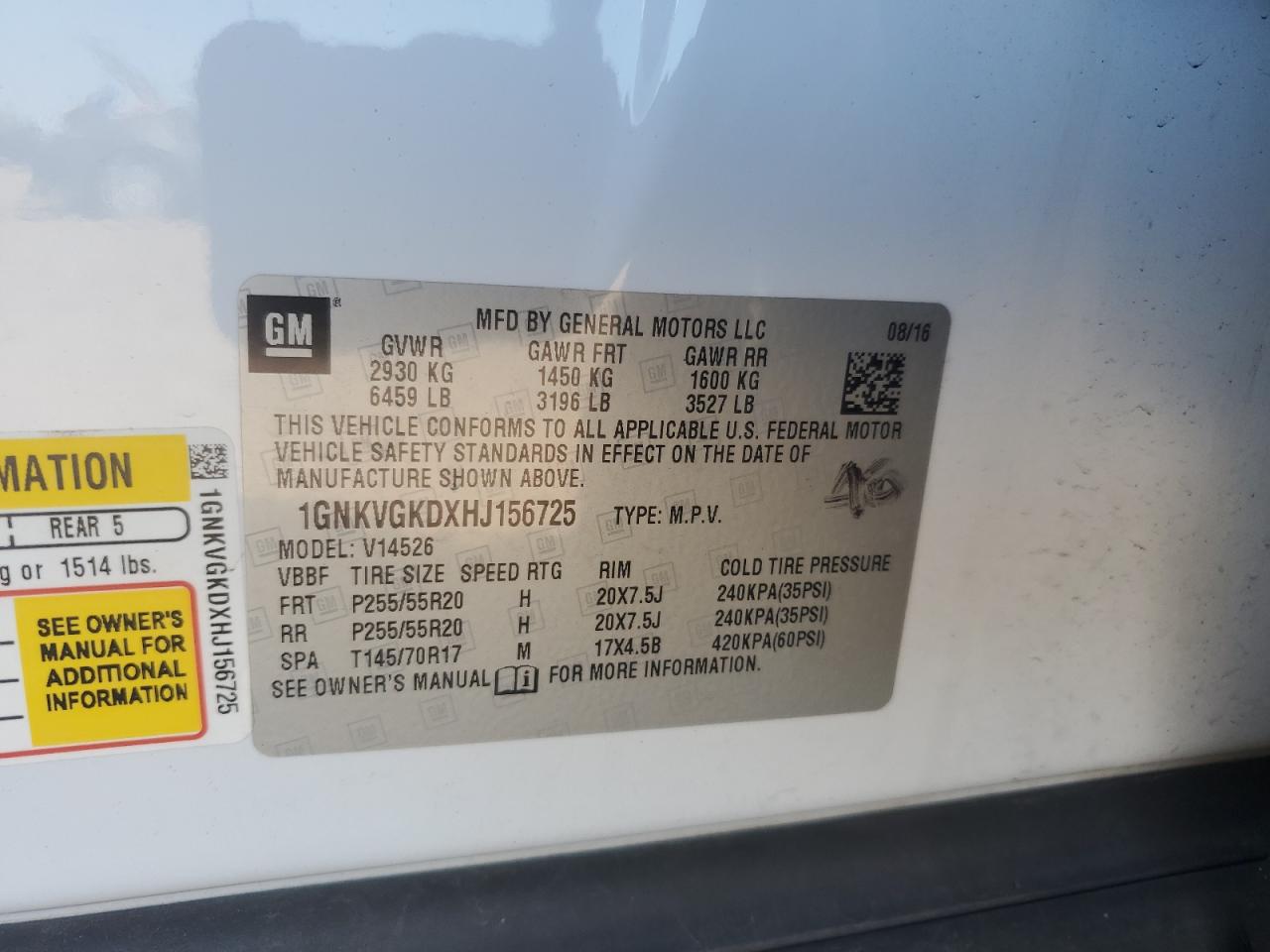 2017 Chevrolet Traverse L VIN: 1GNKVGKDXHJ156725 Lot: 80009645