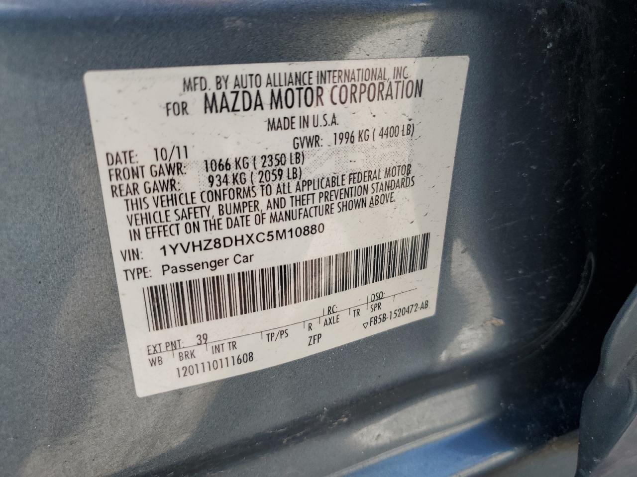 2012 Mazda 6 I VIN: 1YVHZ8DHXC5M10880 Lot: 80692755