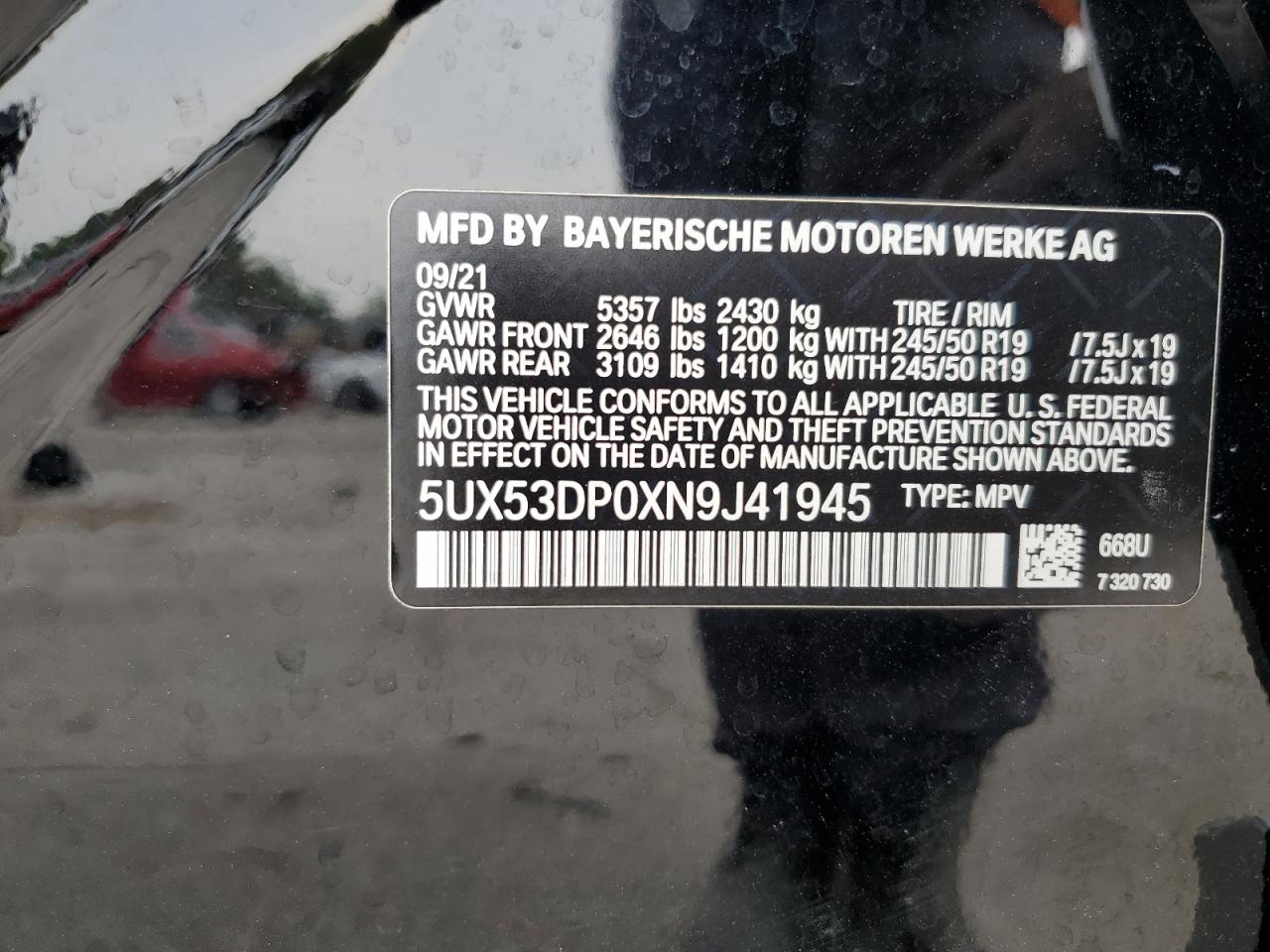 2022 BMW X3 xDrive30I VIN: 5UX53DP0XN9J41945 Lot: 71495315
