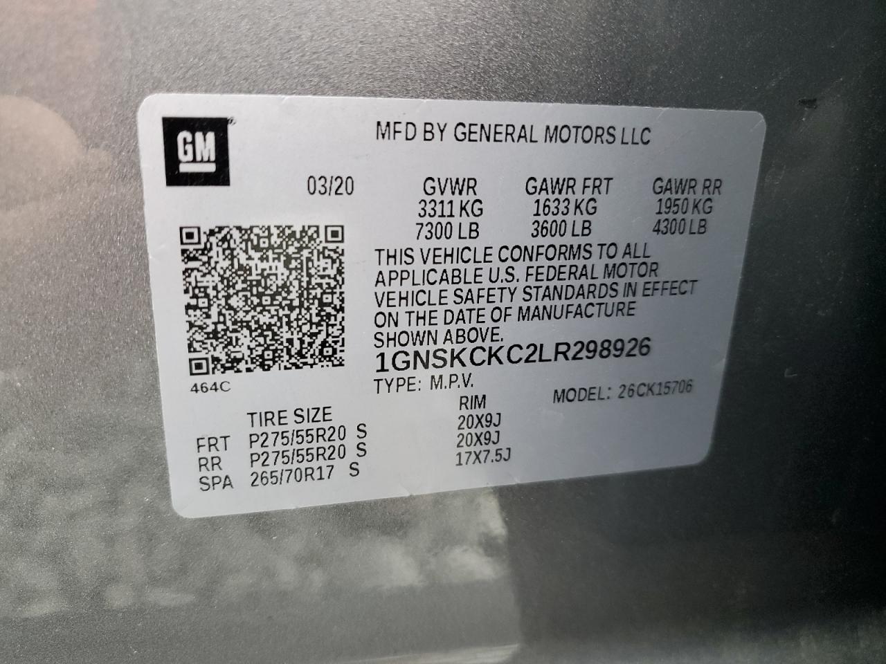 2020 Chevrolet Tahoe K1500 Premier VIN: 1GNSKCKC2LR298926 Lot: 72059995