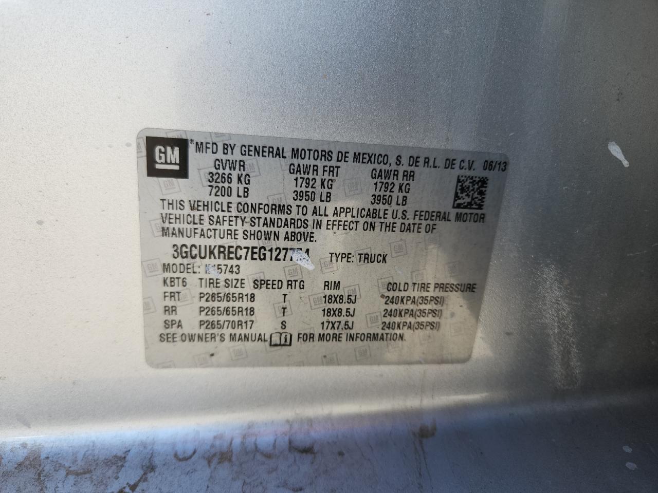 2014 Chevrolet Silverado K1500 Lt VIN: 3GCUKREC7EG127754 Lot: 83954565