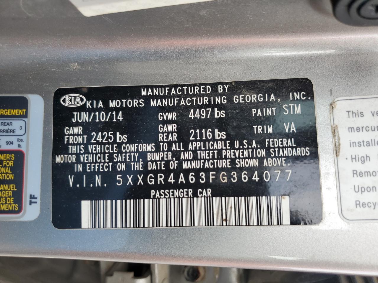 2015 Kia Optima Sx VIN: 5XXGR4A63FG364077 Lot: 71421135