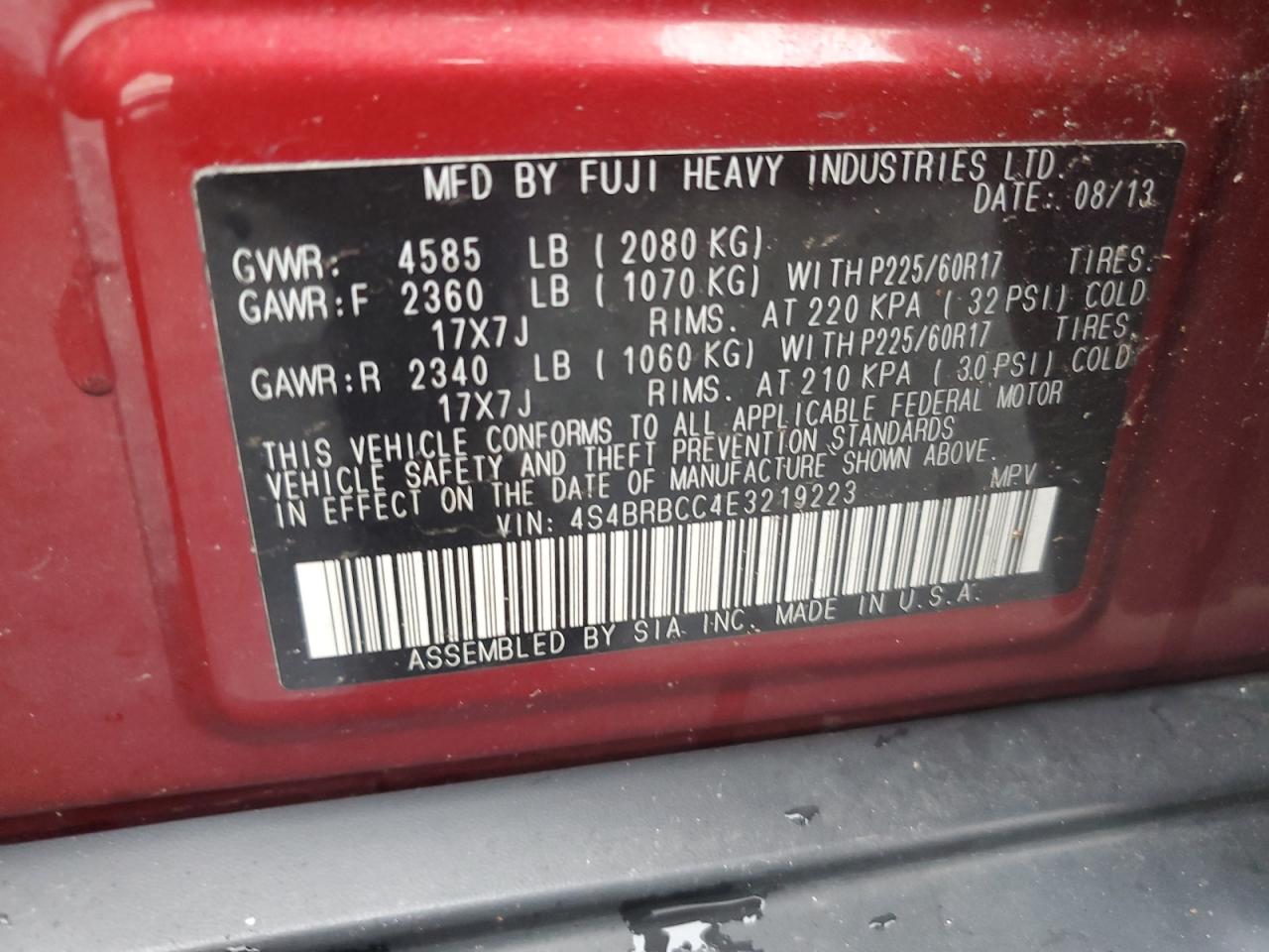 2014 Subaru Outback 2.5I Premium VIN: 4S4BRBCC4E3219223 Lot: 81015285