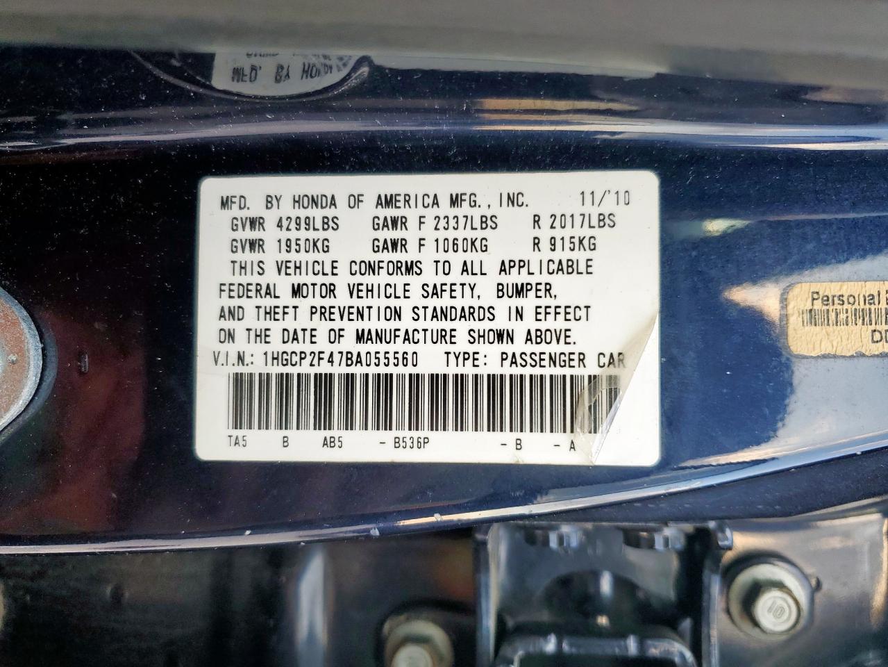 2011 Honda Accord Lxp VIN: 1HGCP2F47BA055560 Lot: 81943815